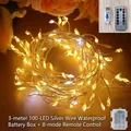 3M 100LED silver wire fairy lights with waterproof battery box and 8-mode remote control - Waterproof Battery Box + 8 Mode Remote / 3 Meters 100 LEDs Pack / Warm White (Silver Wire)