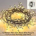 Warm white LED cluster string lights 12m 400 LEDs with remote control for Christmas decor - Plug-in + 8 Function Remote Lead Wire / 6 Meters 200 LEDs Pack / Warm White (Black Wire)