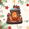 Detailed Santa Claus fireplace scene printed on a flat acrylic Christmas tree ornament - Sitting by Fireplace / Style 01