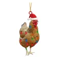 Flat acrylic Christmas chicken ornament with Santa hat and festive lights design - Brown Hen Style (03)