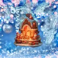 Detailed view of acrylic Santa Claus cottage ornament hanging on a snowy Christmas tree - Snowy Cottage / Style 04