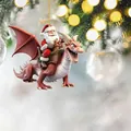 Detailed view of Santa Claus riding a red dragon flat acrylic Christmas tree ornament - Santa Riding Dragon Style 02
