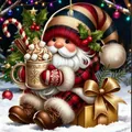 Schattig acryl kerstornament met een kerstman kabouter, warme chocolademelk en cadeau. - Stijl 12