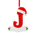 Festive red glitter letter J Christmas ornament featuring a Santa hat and name base - J