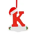 Red glitter Christmas letter K ornament with Santa hat and white banner - K