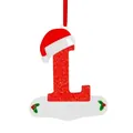 Red glittery letter L Christmas ornament with Santa hat for festive tree decoration - L