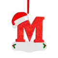 Festive Christmas tree ornament featuring a red glittery letter M with a Santa hat pendant - M