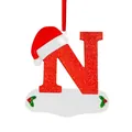 Festive Christmas tree ornament featuring a red glittery letter N and Santa hat. - N