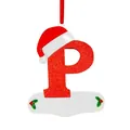 Red glittery letter P Christmas ornament with Santa hat for tree and car decoration. - P