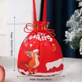 Roter Samt-Weihnachtsbeutel mit Rentier-Aufdruck, Maße 16x18,5 cm für Geschenke - Cartoon-Druck Rentier Stil / Rot