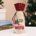 Decorative Christmas burlap wine bottle gift bag with red plaid top and gnome truck print - Forest Gnome Truck