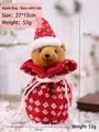 Bolsa de dulces con cordón de oso de peluche navideño con patrón de copo de nieve rojo y blanco - Oso con Sombrero