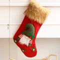 Festive red knitted Christmas stocking with plush gnome decoration, 50cm holiday decor - Green Faceless Gnome