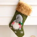 Traditional green knitted Christmas stocking with a cute gnome and plush fur trim detail - Grey Faceless Gnome