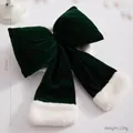 Large dark green velvet Christmas bow with soft white faux fur trim for holiday decor - Fabric Hanging Ornament (Green Plush 25cm) / Universal Specification