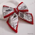 Large silver and red sequin bow knot for Christmas tree decoration, 25cm height. - Silver Sequin / Universal Specification