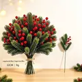 Elegant artificial Christmas red berry pine branch bouquet for festive home decor 32cm - Single 5-Prong Pine Needle Red Berries