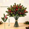 Artificial Christmas pine stems with red berries and pine cones 32cm holiday decor - Single 5-Prong Pine Needle Pinecone Red Berries