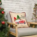 Christmas pillow cover with red truck and gnomes on beige background for holiday sofa decor. - Forest Gnome Truck / Square