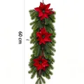 Christmas artificial pine teardrop swag with red poinsettia flowers and pinecones - 3-Prong Green Pine Needle Poinsettia Pine Cones