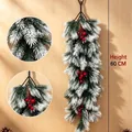 Frosted artificial Christmas pine swag with red berries decorative wall hanging 60cm long - 3-Prong White Green Pine with Red Berries