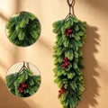 60cm artificial Christmas hanging pine branches with red berries for wall decor - 3-Prong Dual Green Pine with Red Berries