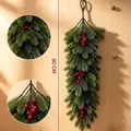 60cm Artificial Christmas greenery wall hanging with pine needles and red berries - 3-Prong Christmas Green Pine with Red Berries