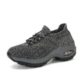Detailed side view of women's breathable knitted air cushion rocker shoes in gray and black - 35 / Gray