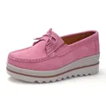 Pink suede platform loafers for women featuring elegant tassel detail and wedge sole - 35 / Pink