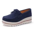 Elegant women's navy blue suede platform loafers with fringe detail and thick wedge sole - 35 / Dark Blue