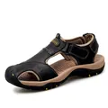 Comfortable men's outdoor closed-toe beach sandals with durable black leather-style straps - 38 / Black