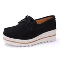 Classic black suede women's platform loafers with wedge heel and bow fringe detail - 35 / Black
