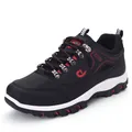 Professional waterproof non-slip men's outdoor hiking shoes in black leather and red accents - 38 / Black