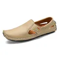 Classic men's breathable leather loafers summer flat mules with textured finish and stripes - Sand
