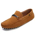 Classic men's tan suede loafers with stylish metal buckle and pebble rubber sole - 38 / Yellow