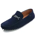 Elegant men's navy blue suede loafers featuring a metal buckle and knobby rubber soles - 38 / Blue (k0088)