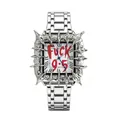 Punk style silver square quartz watch with thorn spike bezel and graffiti dial design - FUCK 9-5 Graffiti Style / Silver