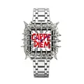 Unique silver thorn design square quartz watch with red Carpe Diem graffiti dial - CARPE DIEM Graffiti Style / Silver