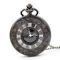 Orologio da taschino vintage in bronzo con numeri romani e fini incisioni floreali - catena sottile / Epossidico Nero
