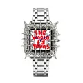 Silver square quartz watch with thorn bezel and red graffiti The World Is Yours dial - THE WORLD IS YOURS Graffiti Style / Silver
