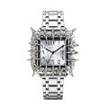 Unique silver square quartz watch featuring a metallic thorn bezel and Arabic numerals - Eastern Arabic Numerals Style / Silver