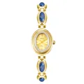 Vue macro détaillée d'une montre bracelet dorée vintage avec pierres bleues pour femmes - Bleu Royal Avec Cadran Doré Et Cadre Doré
