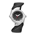 Reloj futurista estilo Y2K con caja de metal plateado distorsionada y correa negra. - Negro