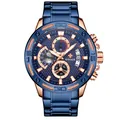 Blaue Edelstahl-Herren-Chronographenuhr mit roségoldenem Gehäuse und Seillünette - Roségold Blau