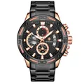 Elegante schwarze Herren-Chronograph-Uhr mit roségoldenen Akzenten und gewebter Lünette - Roségoldenes Gehäuse Schwarzes Zifferblatt