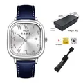 Elegante reloj de cuarzo cuadrado SABR para hombre con correa de cuero azul y fecha - Correa Azul Esfera Blanca Conjunto / Conjunto (Incluye Caja/Batería de Repuesto/Herramienta) / Azul