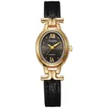 Close-up view of elegant women's quartz watch with oval gold case and black strap - Gold Black