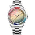 Winner automatic mechanical watch with rainbow crystal bezel and silver steel strap - Three-Color Dial