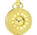 Vintage golden quartz pocket watch with Roman numerals and ornate flower carvings - Thin Chain / All Gold