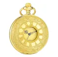 Vintage gold quartz pocket watch with Roman numerals and ornate floral engraving - Waist Chain / All Gold